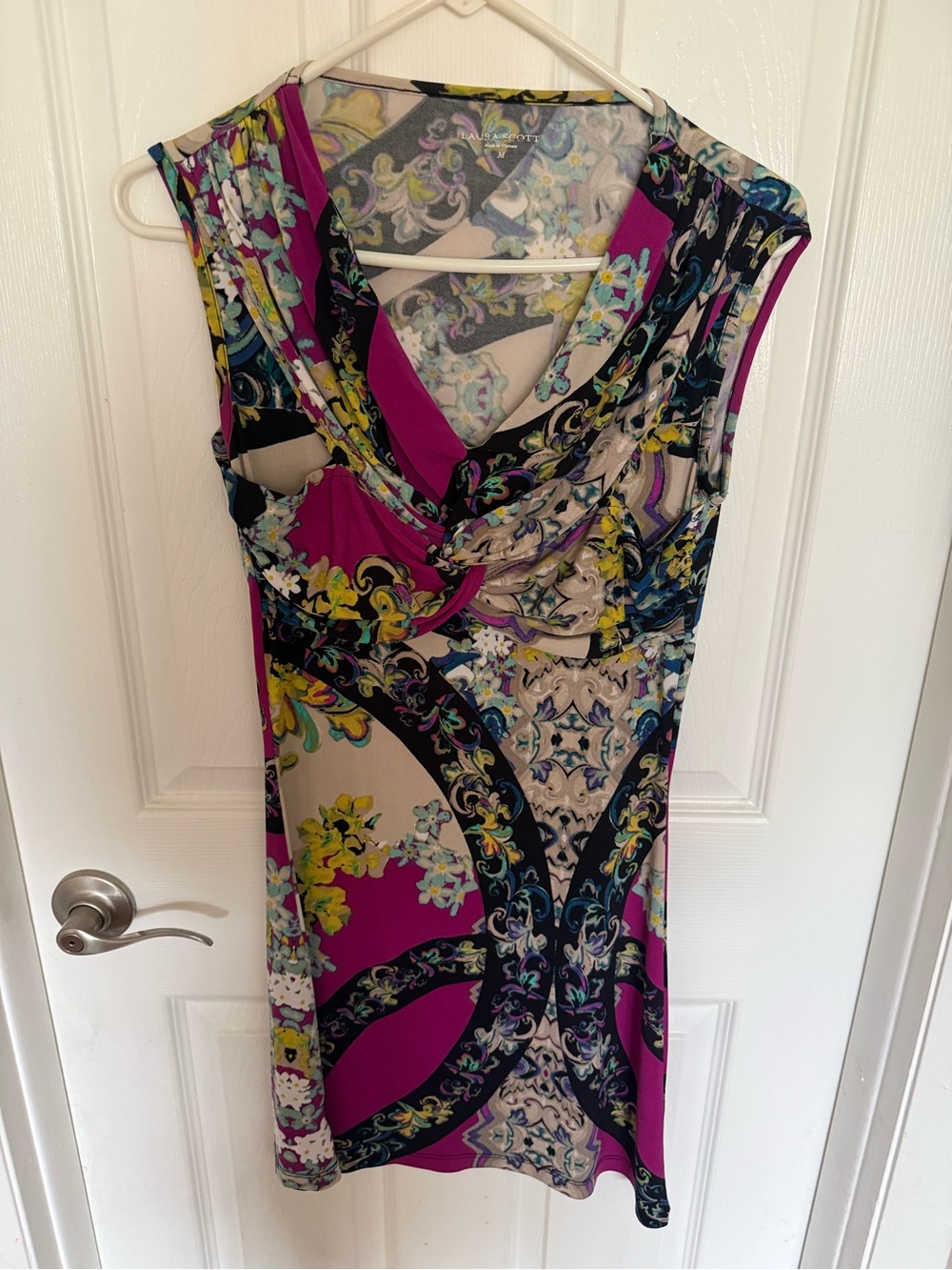 Laura Scott Fuchsia Multicolor Printed Cowl Neck Mini Dress